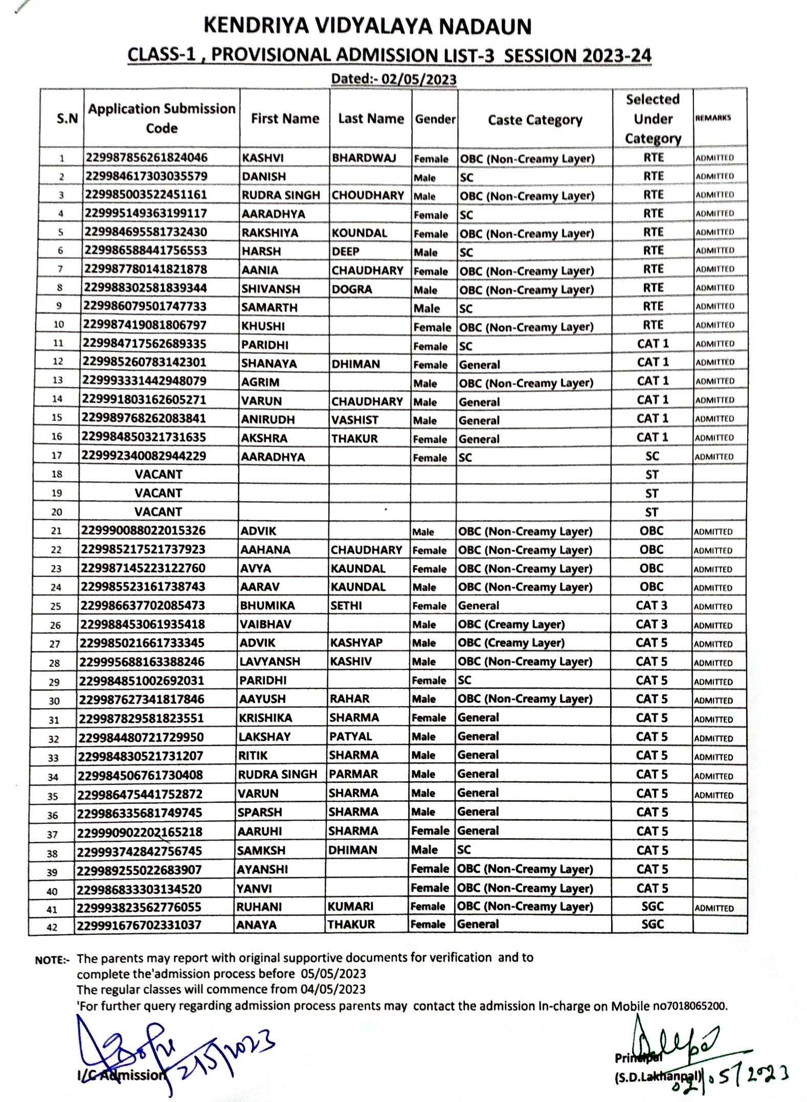 Kendriya Vidyalaya Nadaun Class 1 Admission 202324 Get 1, 2 and 3 List